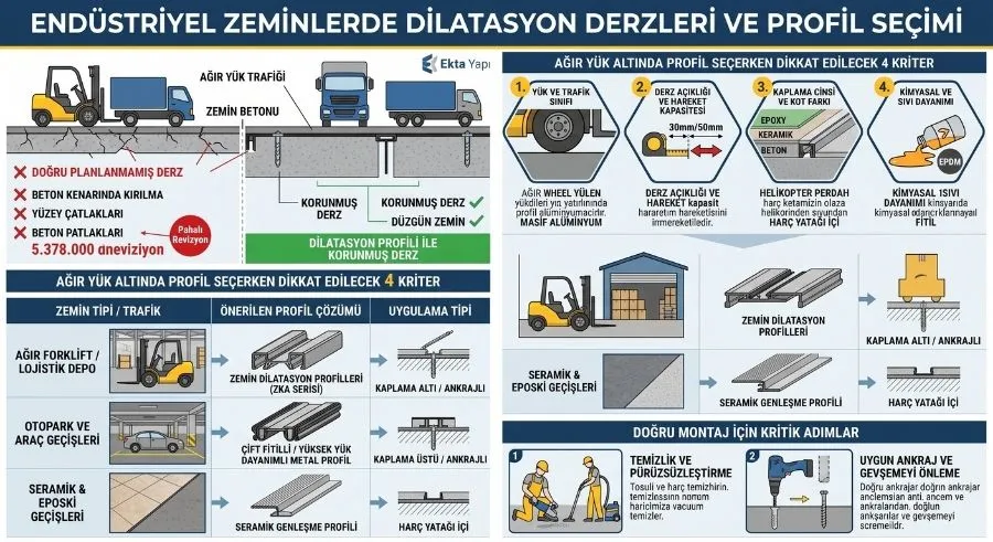 Endüstriyel zeminlerde dilatasyon derzi ve profil seçimi infografiği
